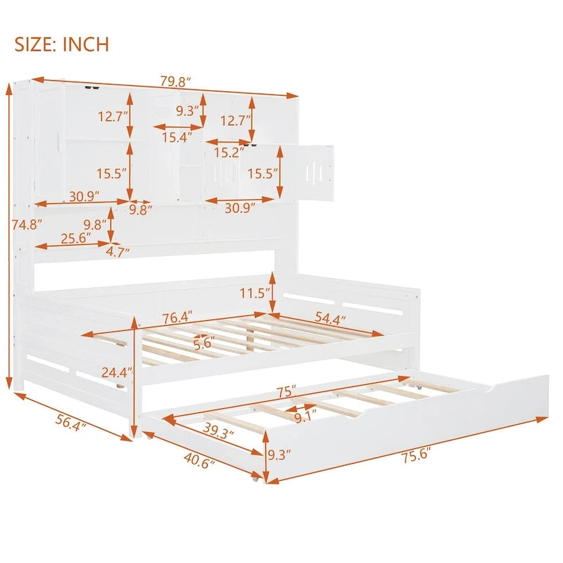Full Size Daybed with Twin Size Trundle, Solid Wood Day Bed Frame w/All-in-One Cabinet and Shelf Compact Bedroom Daybed