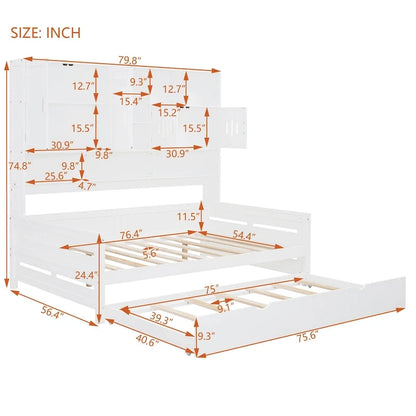 Full Size Daybed with Twin Size Trundle, Solid Wood Day Bed Frame w/All-in-One Cabinet and Shelf Compact Bedroom Daybed