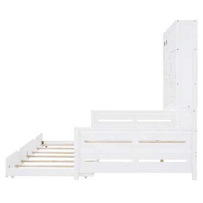 Full Size Daybed with Twin Size Trundle, Solid Wood Day Bed Frame w/All-in-One Cabinet and Shelf Compact Bedroom Daybed