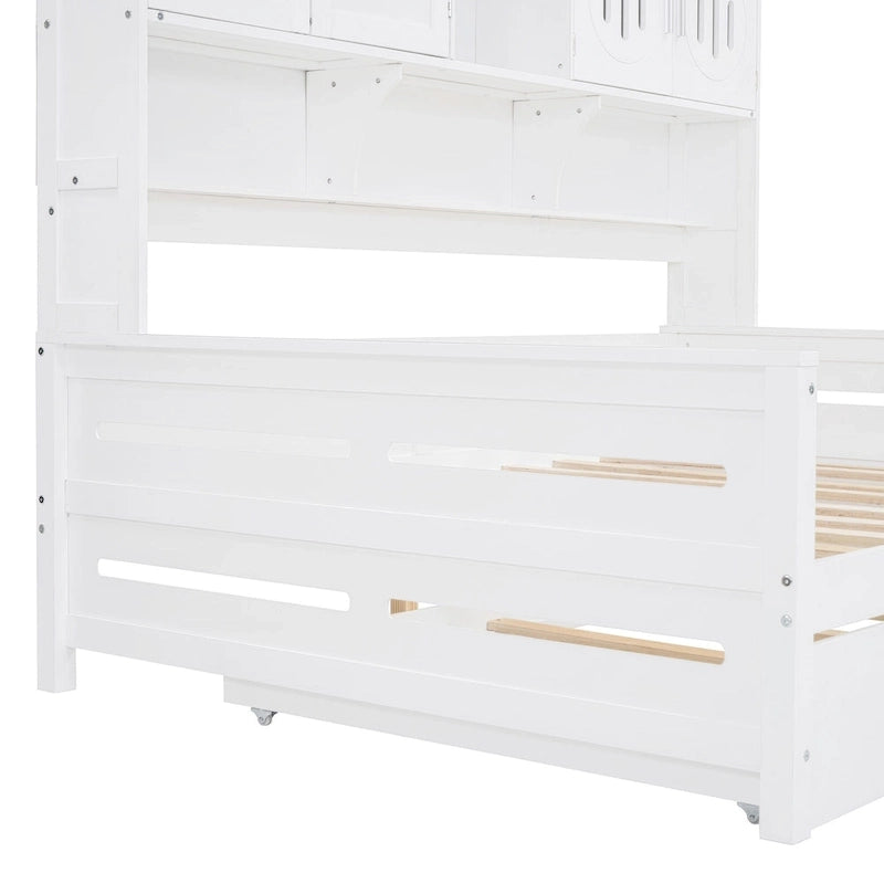 Full Size Daybed with Twin Size Trundle, Solid Wood Day Bed Frame w/All-in-One Cabinet and Shelf Compact Bedroom Daybed