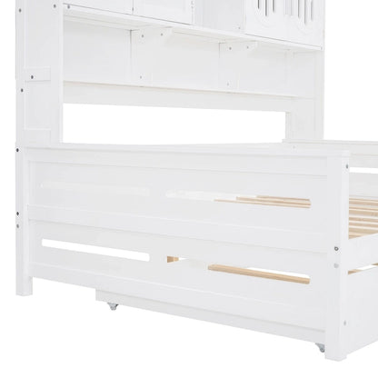Full Size Daybed with Twin Size Trundle, Solid Wood Day Bed Frame w/All-in-One Cabinet and Shelf Compact Bedroom Daybed
