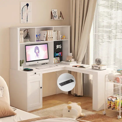L Shaped Desk with outlet, Computer Desk with Drawers, Bookshelf