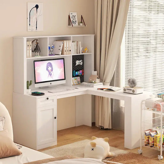 L Shaped Desk with outlet, Computer Desk with Drawers, Bookshelf