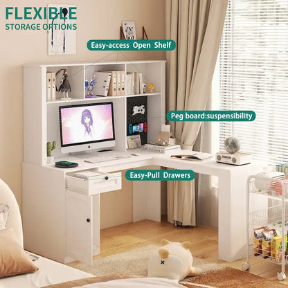 L Shaped Desk with outlet, Computer Desk with Drawers, Bookshelf