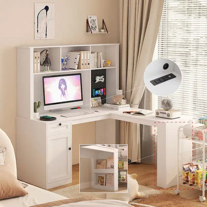 L Shaped Desk with outlet, Computer Desk with Drawers, Bookshelf