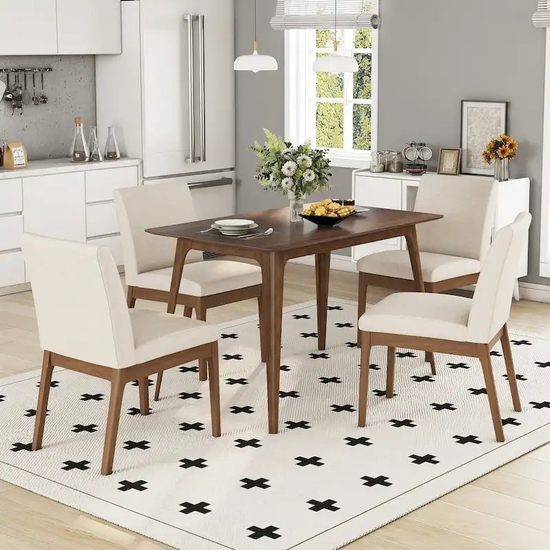 Dining Room Set of 5, Kitchen Set with Wood Frame Dining Table and 4 Upholstered Chairs for Dining Room Restaurant