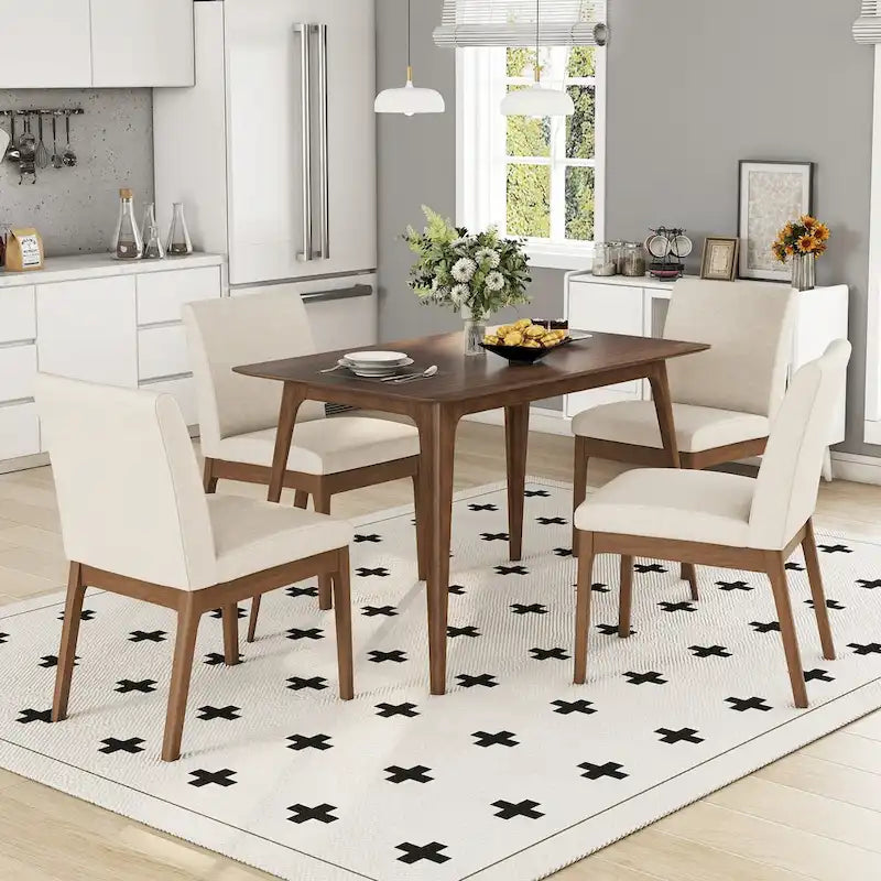 Dining Room Set of 5, Kitchen Set with Wood Frame Dining Table and 4 Upholstered Chairs for Dining Room Restaurant