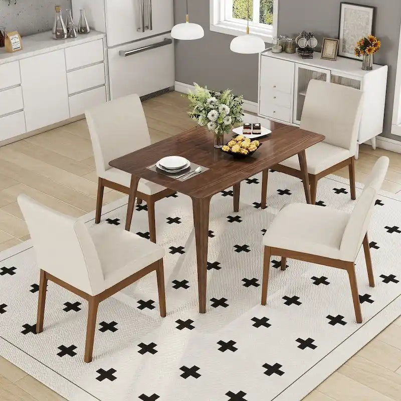 Dining Room Set of 5, Kitchen Set with Wood Frame Dining Table and 4 Upholstered Chairs for Dining Room Restaurant