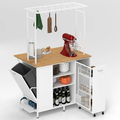 Kitchen Island with Folding Flip-Up Panel, Cabinet Shelves and Drawers, Hooks