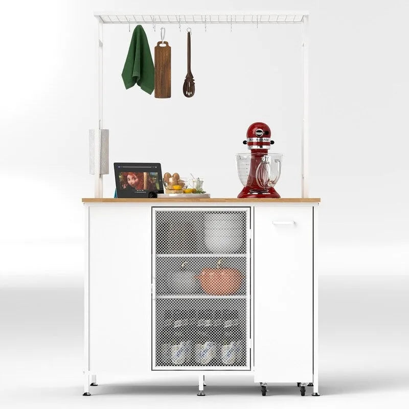 Kitchen Island with Folding Flip-Up Panel, Cabinet Shelves and Drawers, Hooks