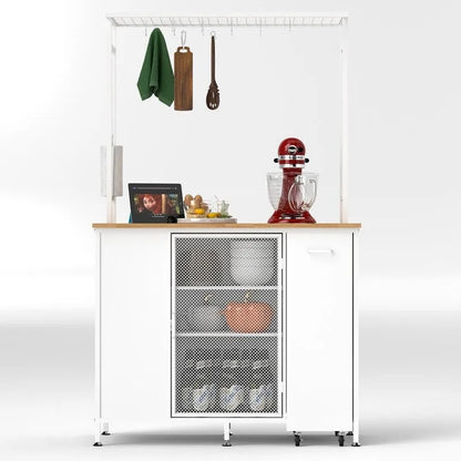 Kitchen Island with Folding Flip-Up Panel, Cabinet Shelves and Drawers, Hooks