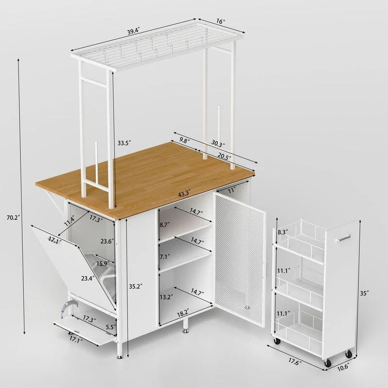 Kitchen Island with Folding Flip-Up Panel, Cabinet Shelves and Drawers, Hooks