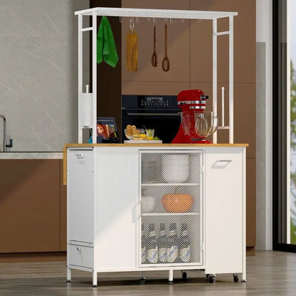 Kitchen Island with Folding Flip-Up Panel, Cabinet Shelves and Drawers, Hooks