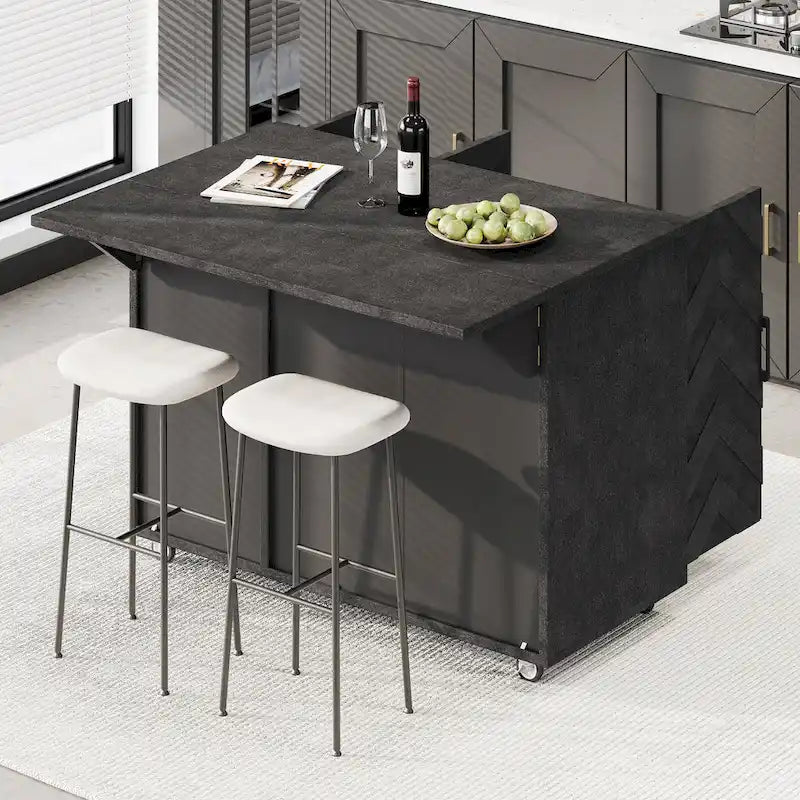 51.2W Ash Veneer Solid Wood Handwoven Kitchen Island With Drop Leaf(no include stool)