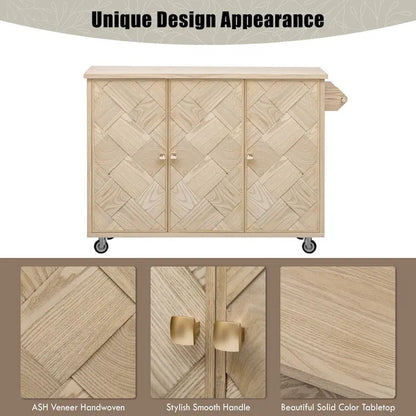 51.2W Ash Veneer Solid Wood Handwoven Kitchen Island With Drop Leaf(no include stool)