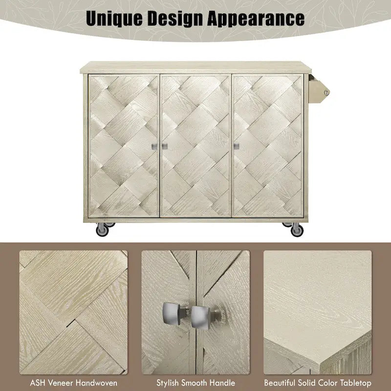 51.2W Ash Veneer Solid Wood Handwoven Kitchen Island With Drop Leaf(no include stool)