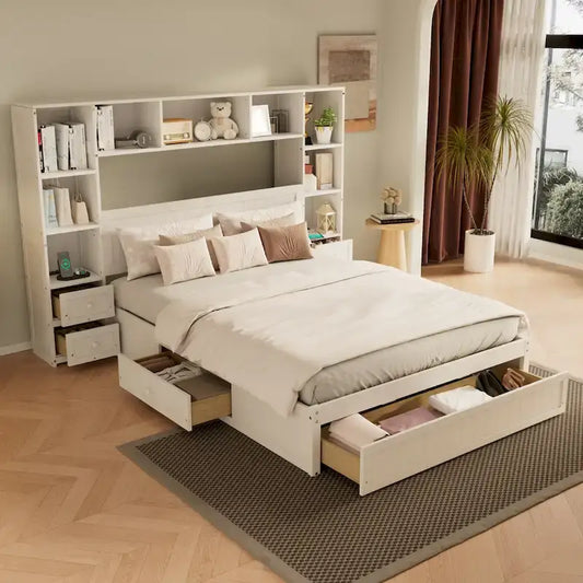 Wood Platform Bed with All-In-One Bookcase Cabinets Shelves Built-in Charging Stations - Captain Bed Frame with Storage Drawers