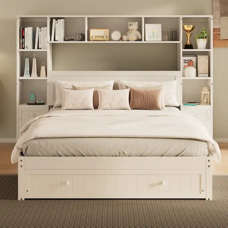 Wood Platform Bed with All-In-One Bookcase Cabinets Shelves Built-in Charging Stations - Captain Bed Frame with Storage Drawers
