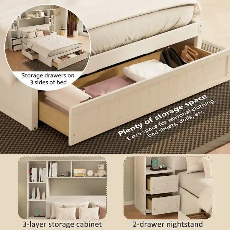 Wood Platform Bed with All-In-One Bookcase Cabinets Shelves Built-in Charging Stations - Captain Bed Frame with Storage Drawers