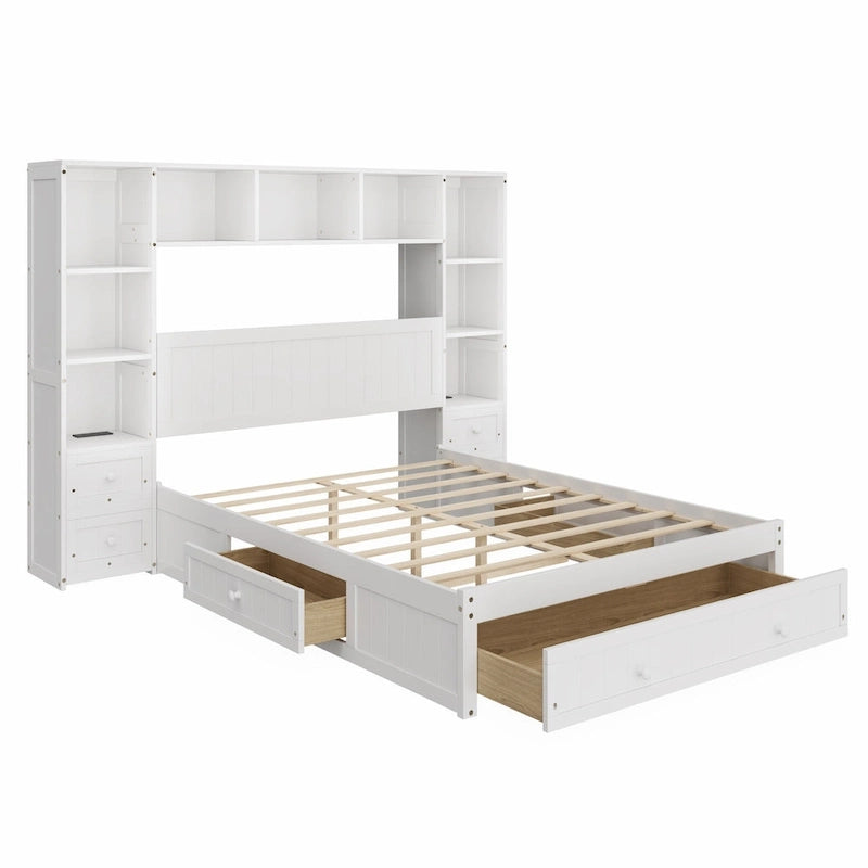 Wood Platform Bed with All-In-One Bookcase Cabinets Shelves Built-in Charging Stations - Captain Bed Frame with Storage Drawers