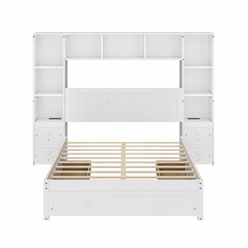 Wood Platform Bed with All-In-One Bookcase Cabinets Shelves Built-in Charging Stations - Captain Bed Frame with Storage Drawers
