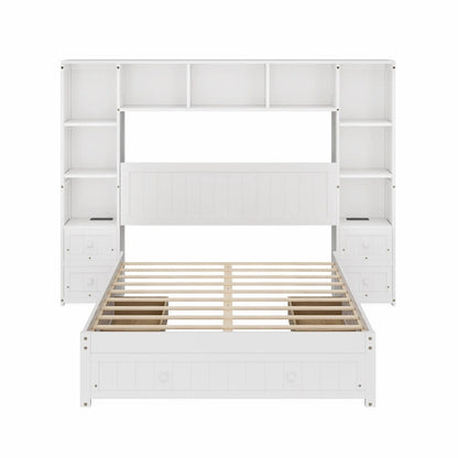 Wood Platform Bed with All-In-One Bookcase Cabinets Shelves Built-in Charging Stations - Captain Bed Frame with Storage Drawers