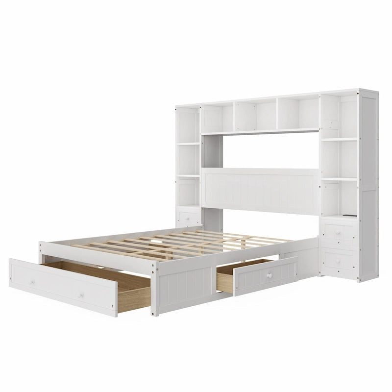 Wood Platform Bed with All-In-One Bookcase Cabinets Shelves Built-in Charging Stations - Captain Bed Frame with Storage Drawers