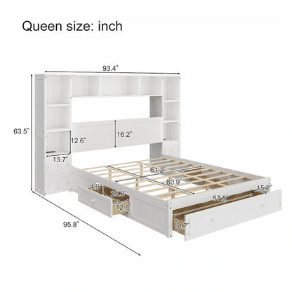 Wood Platform Bed with All-In-One Bookcase Cabinets Shelves Built-in Charging Stations - Captain Bed Frame with Storage Drawers