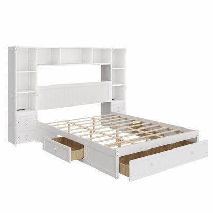 Wood Platform Bed with All-In-One Bookcase Cabinets Shelves Built-in Charging Stations - Captain Bed Frame with Storage Drawers