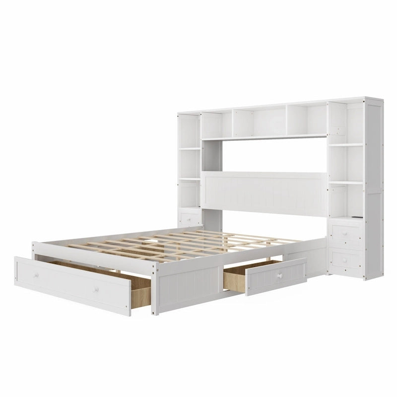 Wood Platform Bed with All-In-One Bookcase Cabinets Shelves Built-in Charging Stations - Captain Bed Frame with Storage Drawers