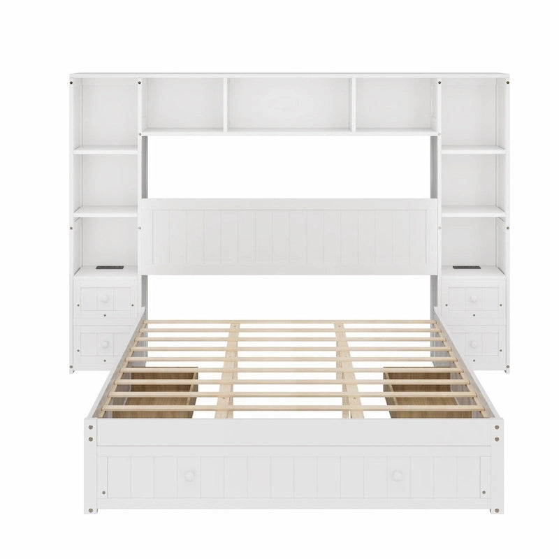 Wood Platform Bed with All-In-One Bookcase Cabinets Shelves Built-in Charging Stations - Captain Bed Frame with Storage Drawers