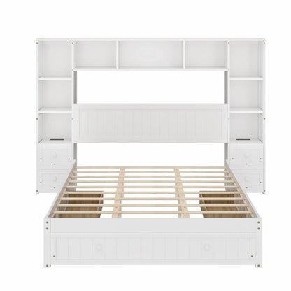 Wood Platform Bed with All-In-One Bookcase Cabinets Shelves Built-in Charging Stations - Captain Bed Frame with Storage Drawers