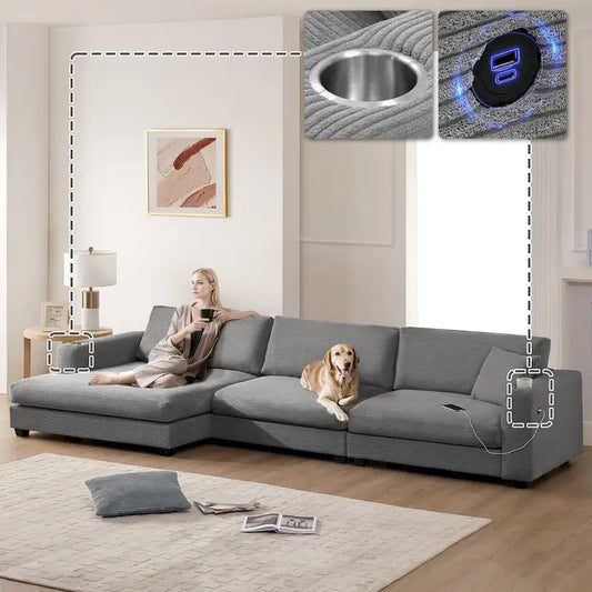 L Shaped Cloud Couch Corduroy Sectional Sofa w/USB, Chaise, Cup Holder