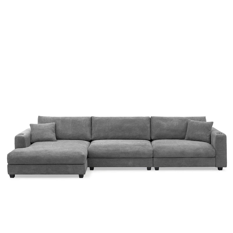 L Shaped Cloud Couch Corduroy Sectional Sofa w/USB, Chaise, Cup Holder