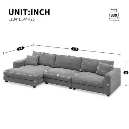 L Shaped Cloud Couch Corduroy Sectional Sofa w/USB, Chaise, Cup Holder