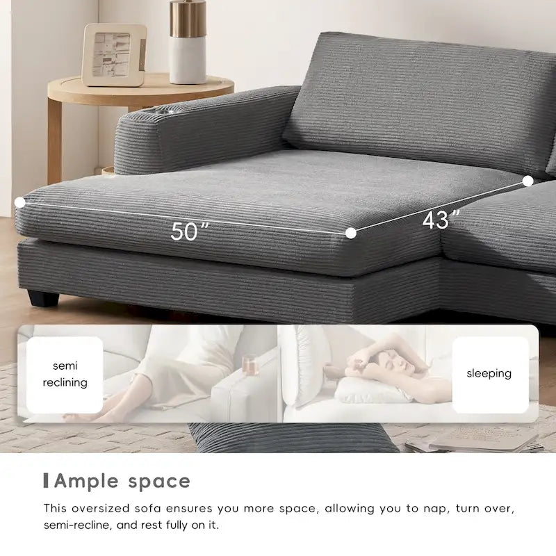 L Shaped Cloud Couch Corduroy Sectional Sofa w/USB, Chaise, Cup Holder