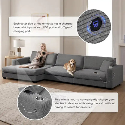 L Shaped Cloud Couch Corduroy Sectional Sofa w/USB, Chaise, Cup Holder