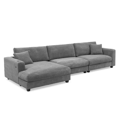 L Shaped Cloud Couch Corduroy Sectional Sofa w/USB, Chaise, Cup Holder