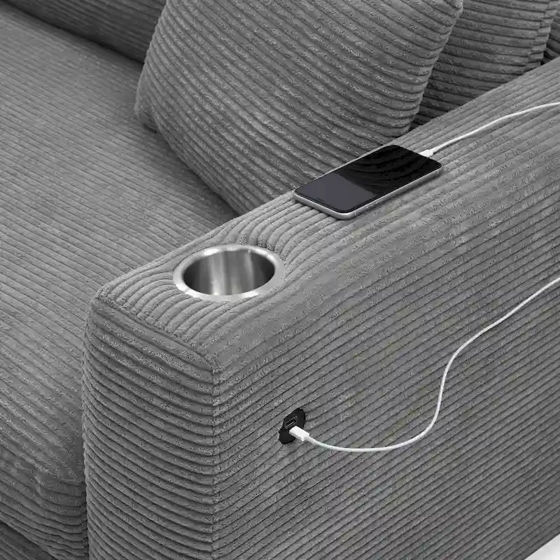 L Shaped Cloud Couch Corduroy Sectional Sofa w/USB, Chaise, Cup Holder