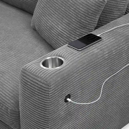 L Shaped Cloud Couch Corduroy Sectional Sofa w/USB, Chaise, Cup Holder