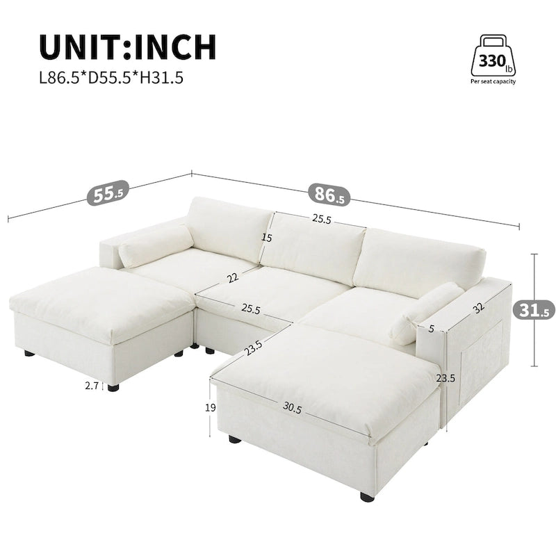 U Shaped Chenille Modular Sectional Cloud Sofa with 2 Ottoman, Pillows