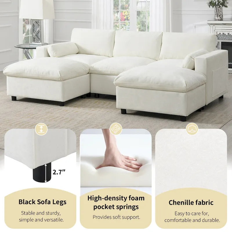 U Shaped Chenille Modular Sectional Cloud Sofa with 2 Ottoman, Pillows