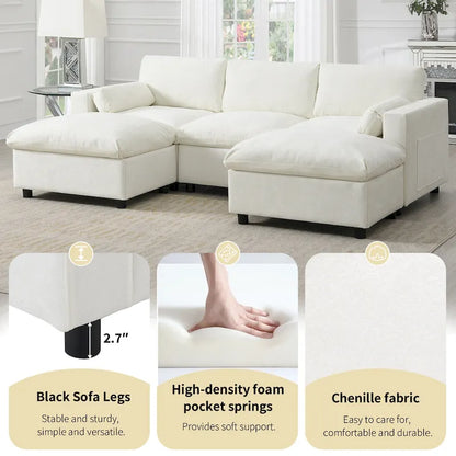 U Shaped Chenille Modular Sectional Cloud Sofa with 2 Ottoman, Pillows