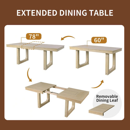 60-78 Extendable Dining Table, Farmhouse Wooden Kitchen Table with Removable Leaf, Large Expanding Table for 4-8