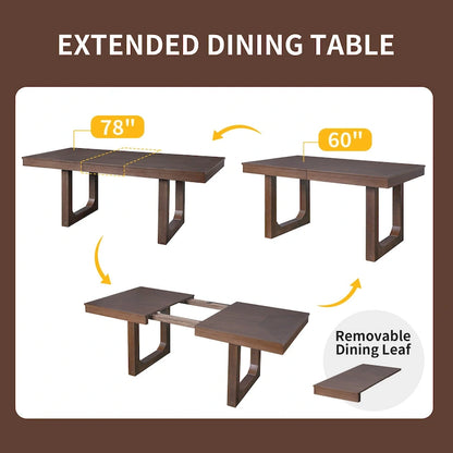 60-78 Extendable Dining Table, Farmhouse Wooden Kitchen Table with Removable Leaf, Large Expanding Table for 4-8