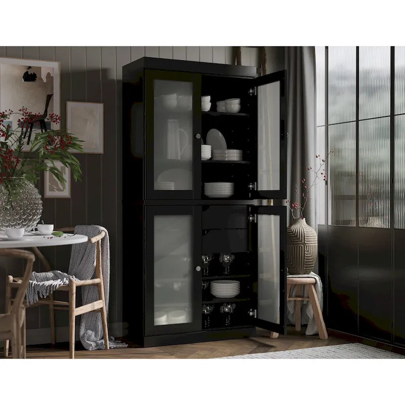 Palace Imports 100% Solid Wood Pantry Cabinet with Frosted Glass Doors, 2-Drawers and Adjustable Shelves - 32 x 71.5