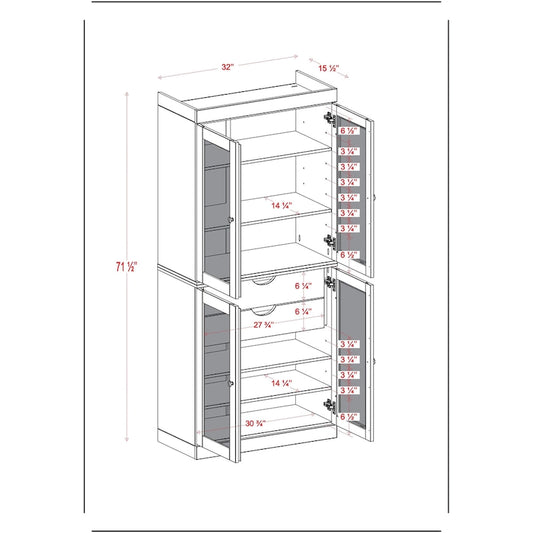 Palace Imports 100% Solid Wood Pantry Cabinet with Frosted Glass Doors, 2-Drawers and Adjustable Shelves - 32 x 71.5