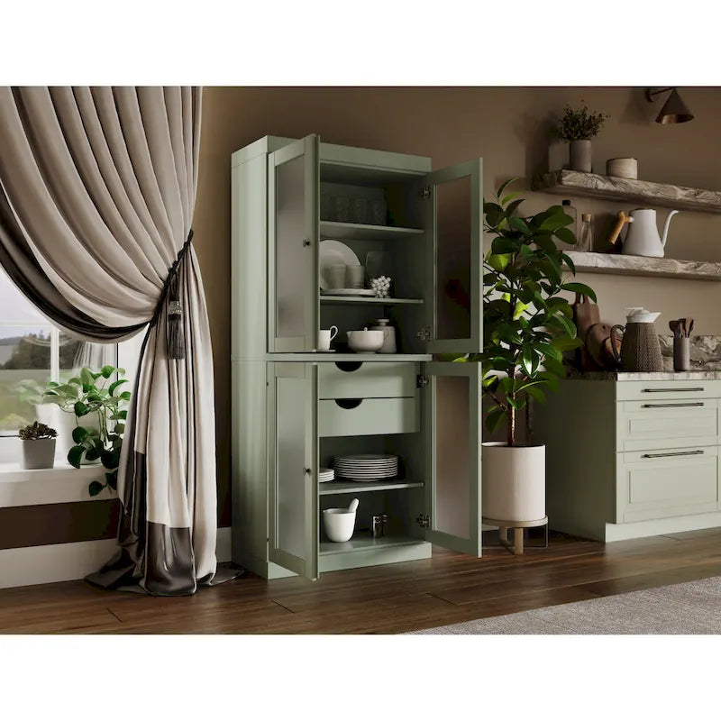 Palace Imports 100% Solid Wood Pantry Cabinet with Frosted Glass Doors, 2-Drawers and Adjustable Shelves - 32 x 71.5