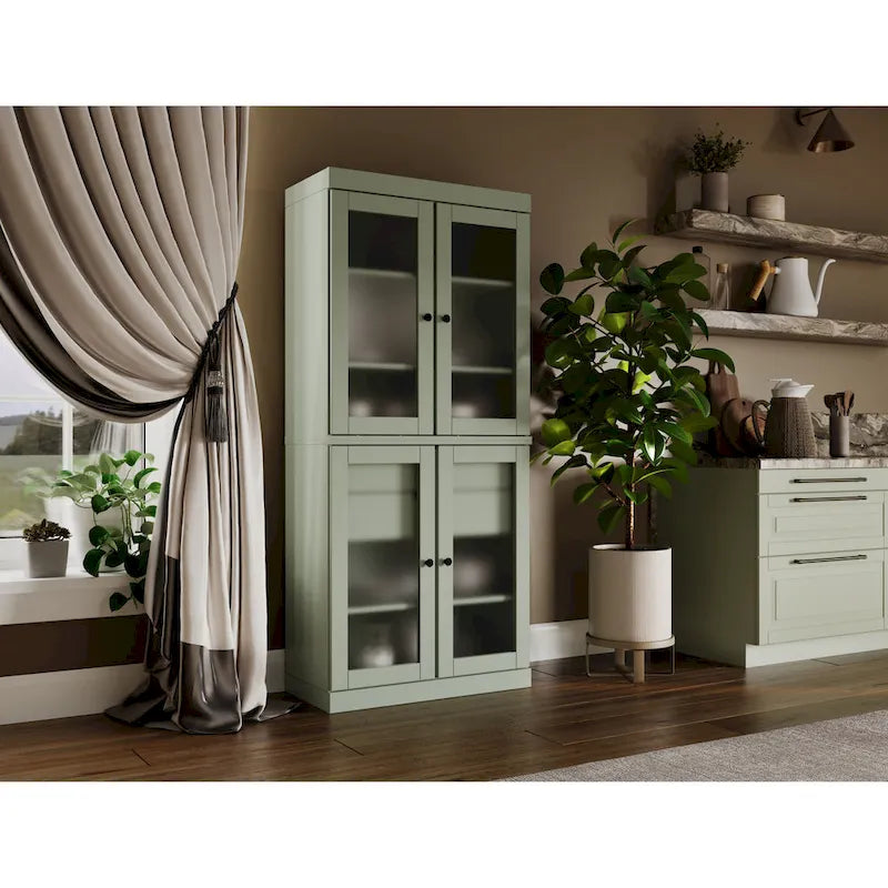 Palace Imports 100% Solid Wood Pantry Cabinet with Frosted Glass Doors, 2-Drawers and Adjustable Shelves - 32 x 71.5