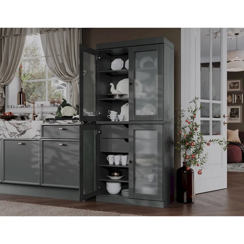 Palace Imports 100% Solid Wood Pantry Cabinet with Frosted Glass Doors, 2-Drawers and Adjustable Shelves - 32 x 71.5